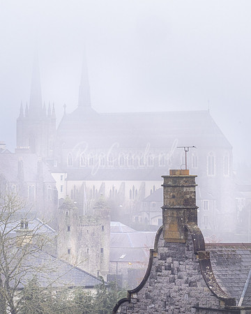 Church spiers and Castle in morning fog 2021
